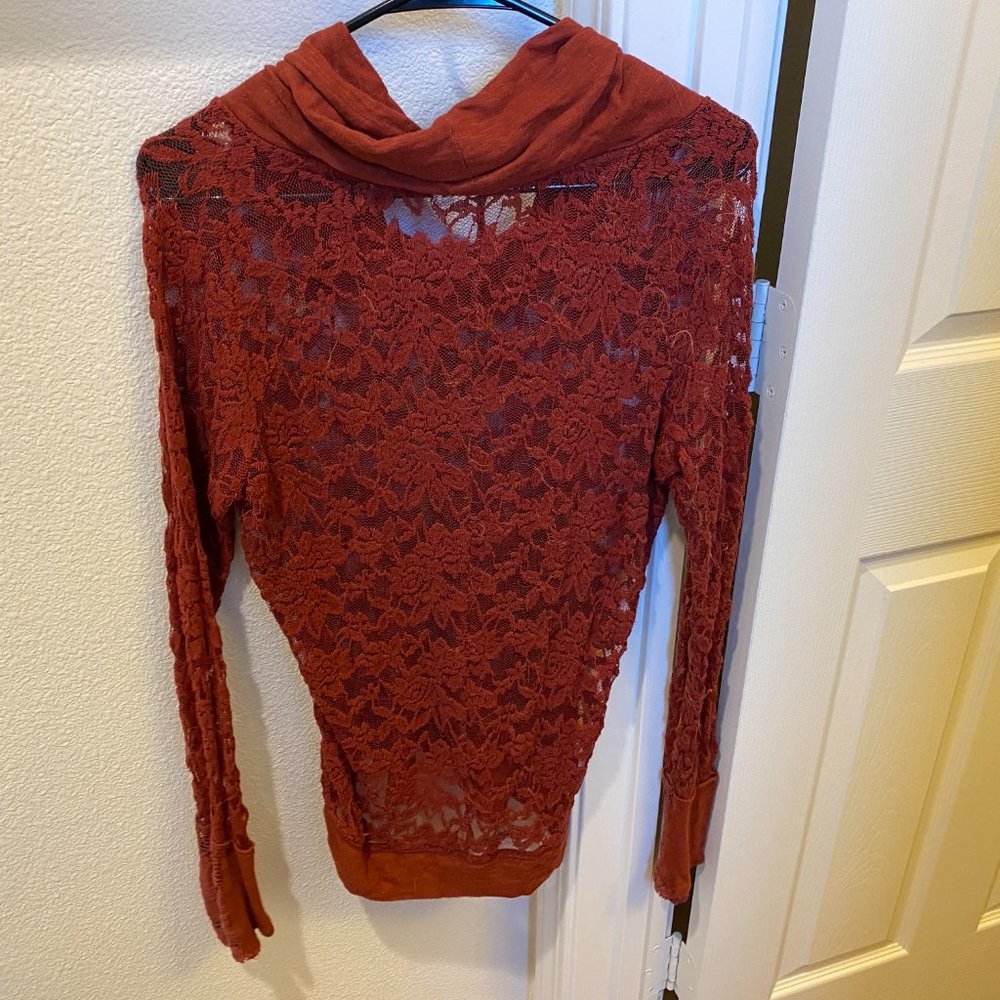 Crimson Lace Blouse With Cowl Neck - image 2